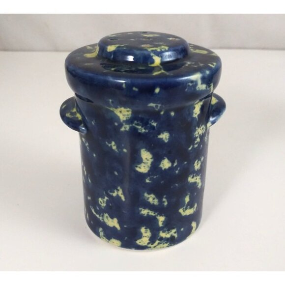 Vintage Spackleware Stoneware Blue Milk Can Salt & Pepper Shakers USA - Picture 2 of 16